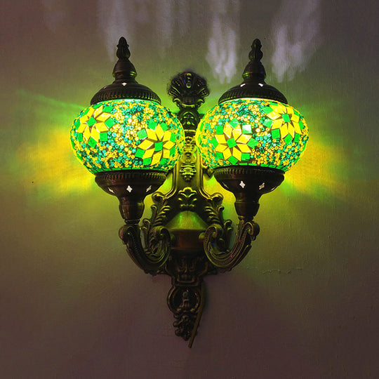 Stained Glass Ball Wall Sconce with Dual Head - Traditional Mount Light in White/Yellow/Sky Blue