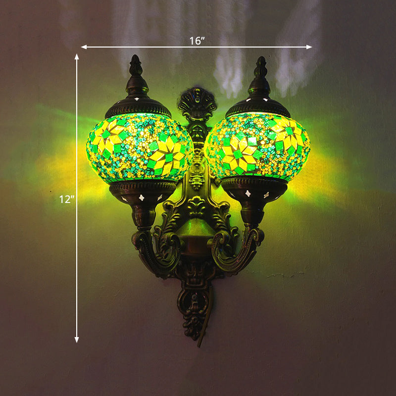 Stained Glass Ball Wall Sconce with Dual Head - Traditional Mount Light in White/Yellow/Sky Blue