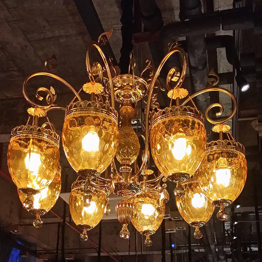 Traditional Gold Dimpled Glass Urn Pendant Chandelier Ceiling Light 8 Bulbs - Perfect for Restaurants