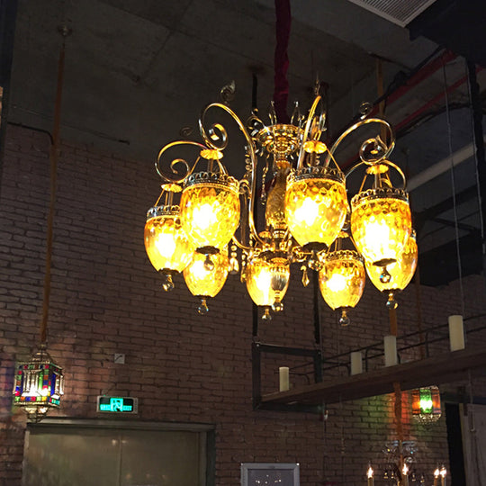 Traditional Gold Dimpled Glass Urn Pendant Chandelier Ceiling Light 8 Bulbs - Perfect for Restaurants