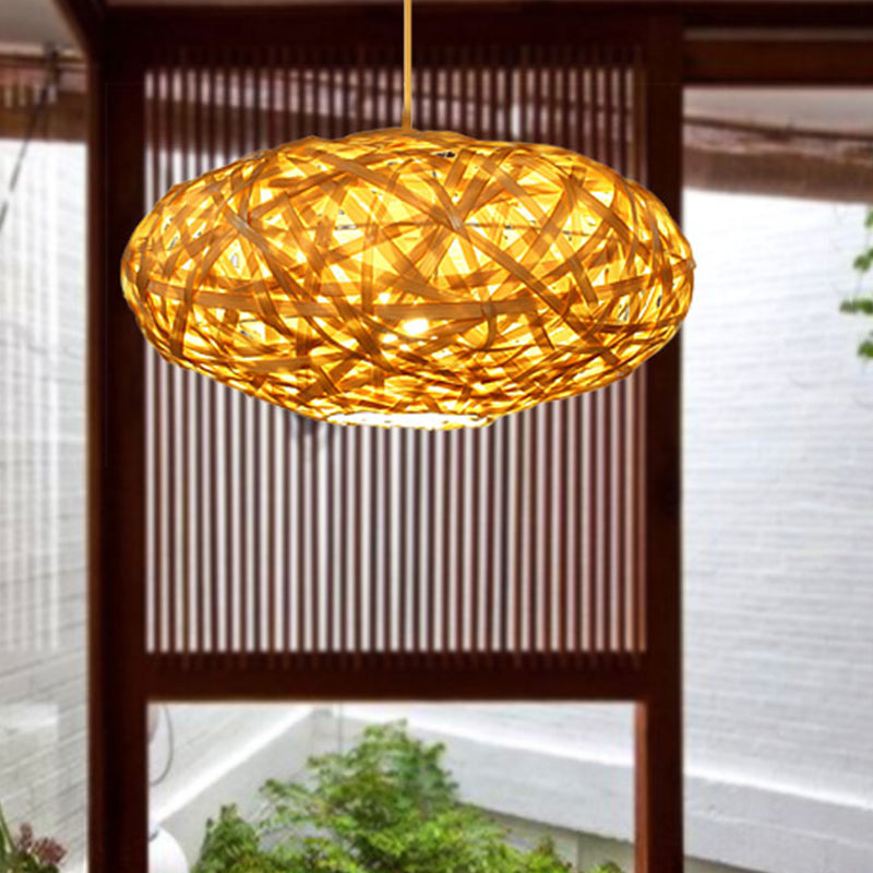 Bamboo Ceiling Lamp - Japanese Style, Oval Shape, 1 Head Beige Hanging Light Fixture for Restaurants