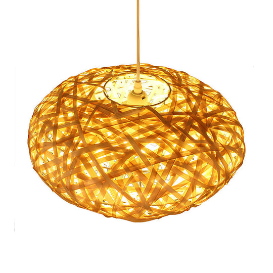 Bamboo Ceiling Lamp - Japanese Style, Oval Shape, 1 Head Beige Hanging Light Fixture for Restaurants