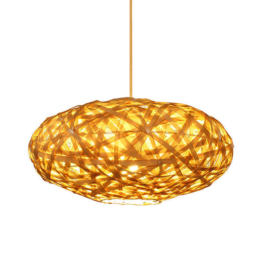 Bamboo Ceiling Lamp - Japanese Style, Oval Shape, 1 Head Beige Hanging Light Fixture for Restaurants