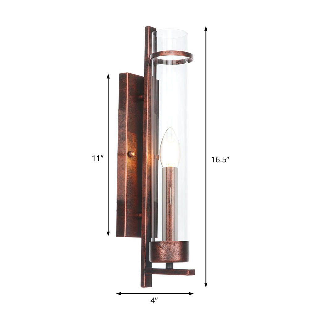 Industrial Rust Clear Glass Sconce Light Fixture for Dining Room - 1-Light Tubular Wall Lamp