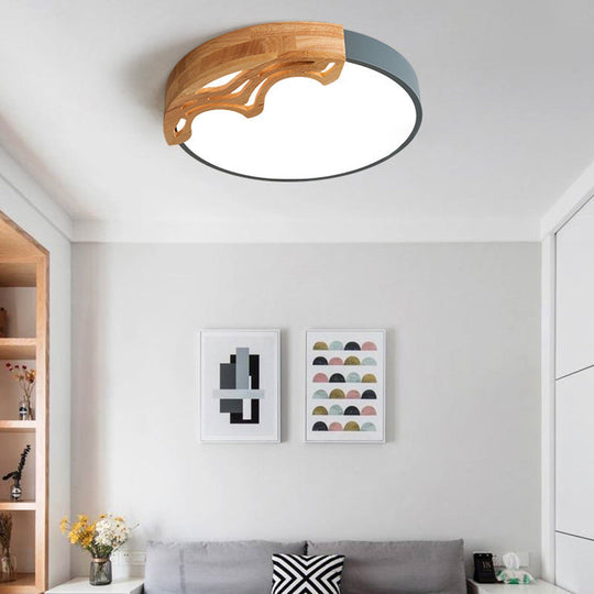 Nordic LED Ceiling Light- Thin Round Acrylic Flushmount with Wavy Wood Pattern, White/Grey/Green Lighting, Remote Control Dimming