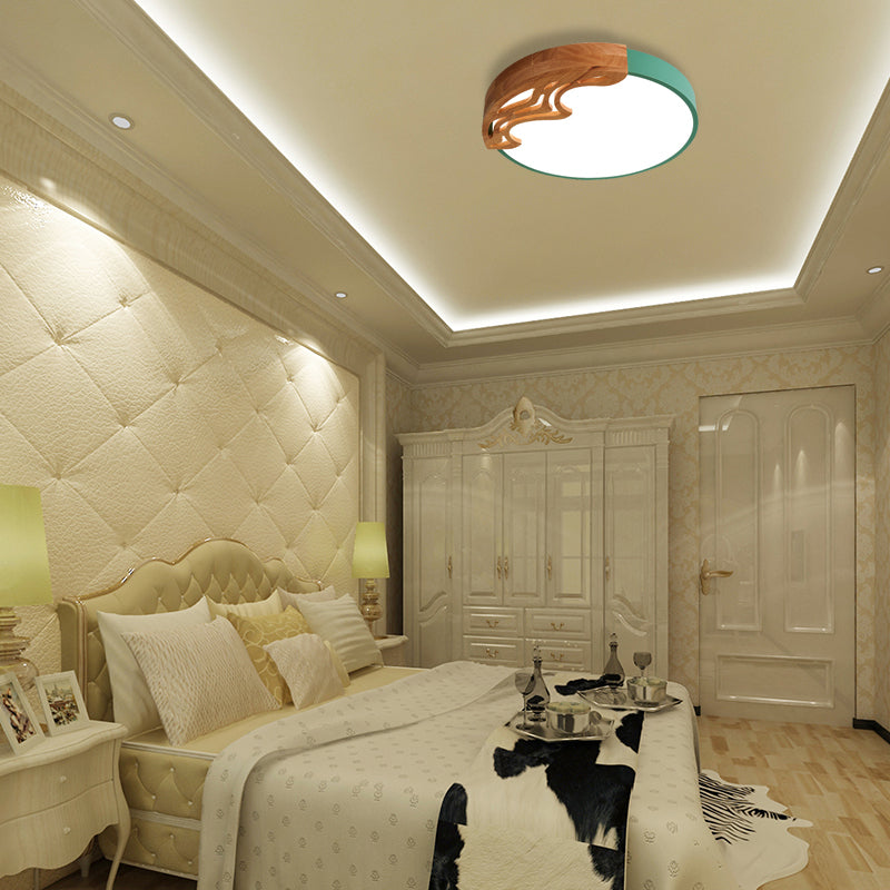 Nordic LED Ceiling Light- Thin Round Acrylic Flushmount with Wavy Wood Pattern, White/Grey/Green Lighting, Remote Control Dimming