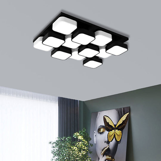 Modern LED Ceiling Mount Light - Square Kitchen Bedroom Lamp (4/6/9/12/16/20 Heads) in Black