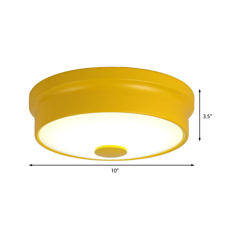 Macaron Drum Ceiling Flush Light in Metal with LED, Ideal for Kids Room, Available in Various Colors with Frosted Glass Diffuser