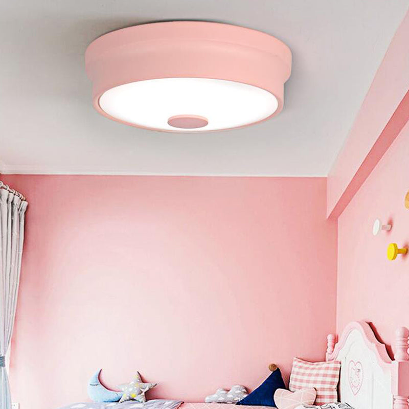 Macaron Drum Ceiling Flush Light in Metal with LED, Ideal for Kids Room, Available in Various Colors with Frosted Glass Diffuser