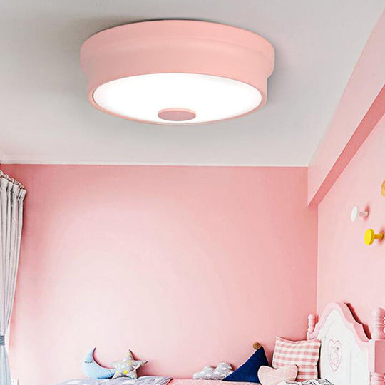 Macaron Drum Ceiling Flush Light in Metal with LED, Ideal for Kids Room, Available in Various Colors with Frosted Glass Diffuser