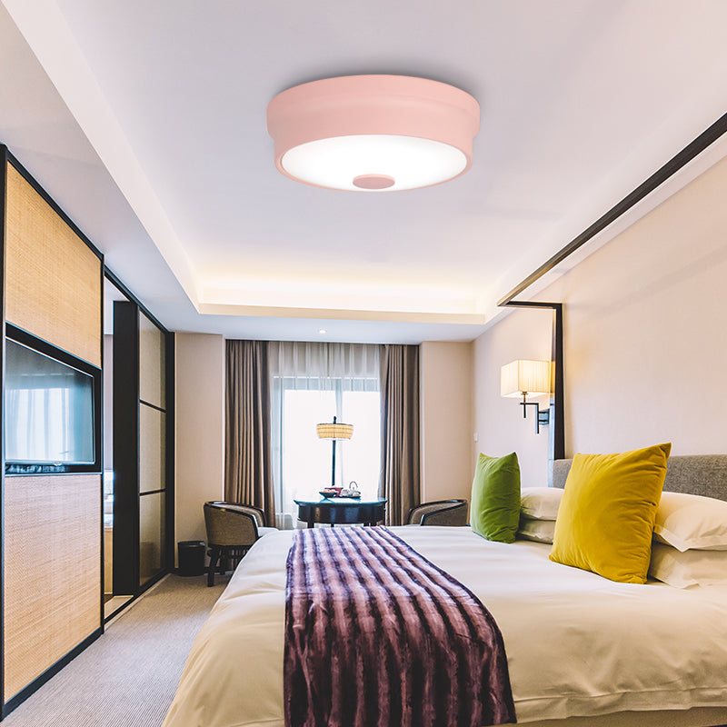 Macaron Drum Ceiling Flush Light in Metal with LED, Ideal for Kids Room, Available in Various Colors with Frosted Glass Diffuser