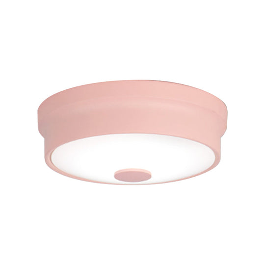 Macaron Drum Ceiling Flush Light in Metal with LED, Ideal for Kids Room, Available in Various Colors with Frosted Glass Diffuser