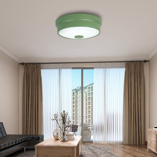 Macaron Drum Ceiling Flush Light in Metal with LED, Ideal for Kids Room, Available in Various Colors with Frosted Glass Diffuser