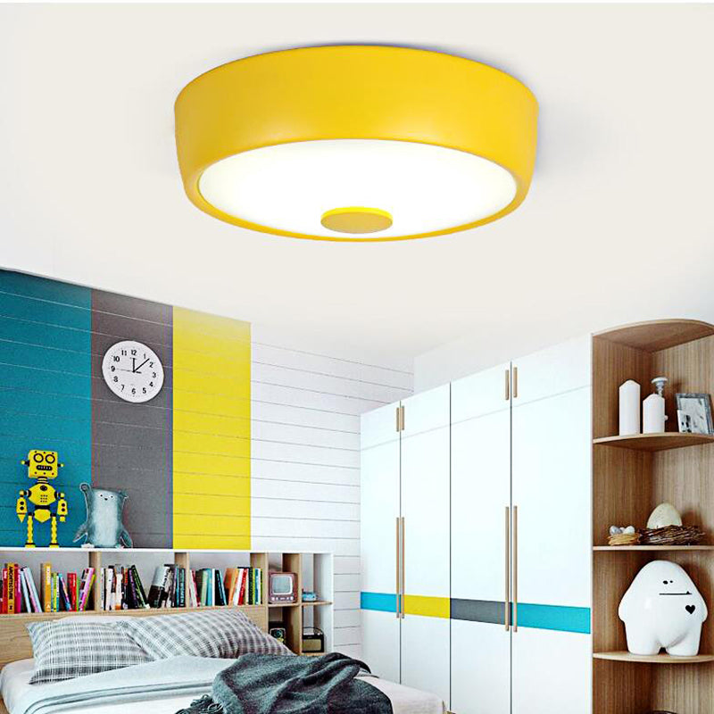 Macaron Drum Ceiling Flush Light in Metal with LED, Ideal for Kids Room, Available in Various Colors with Frosted Glass Diffuser