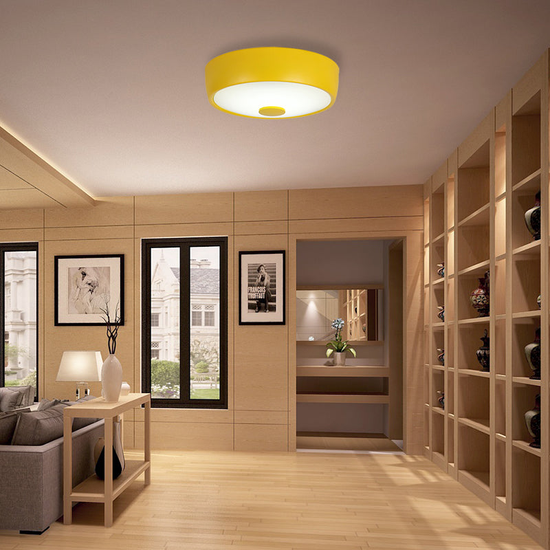 Macaron Drum Ceiling Flush Light in Metal with LED, Ideal for Kids Room, Available in Various Colors with Frosted Glass Diffuser