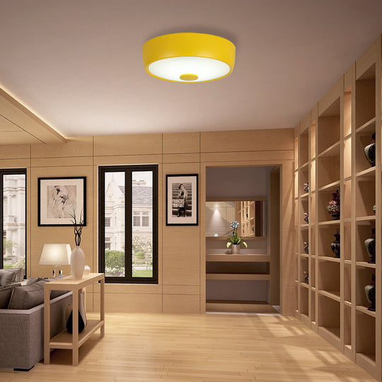 Macaron Drum Ceiling Flush Light in Metal with LED, Ideal for Kids Room, Available in Various Colors with Frosted Glass Diffuser