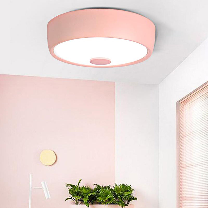 Macaron Drum Ceiling Flush Light in Metal with LED, Ideal for Kids Room, Available in Various Colors with Frosted Glass Diffuser