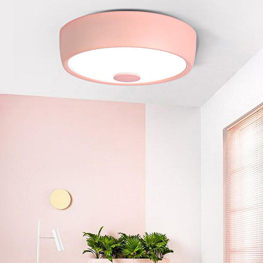 Macaron Drum Ceiling Flush Light in Metal with LED, Ideal for Kids Room, Available in Various Colors with Frosted Glass Diffuser