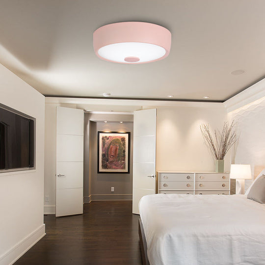 Macaron Drum Ceiling Flush Light in Metal with LED, Ideal for Kids Room, Available in Various Colors with Frosted Glass Diffuser