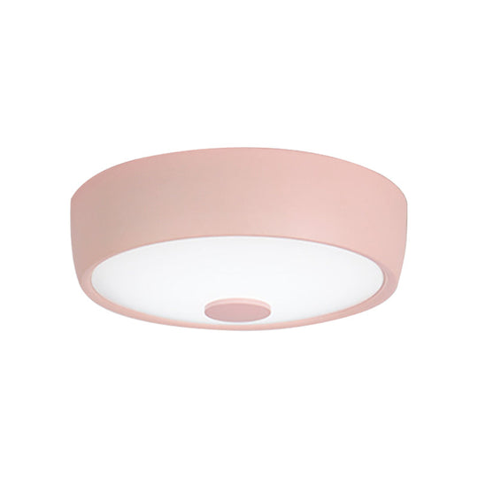 Macaron Drum Ceiling Flush Light in Metal with LED, Ideal for Kids Room, Available in Various Colors with Frosted Glass Diffuser