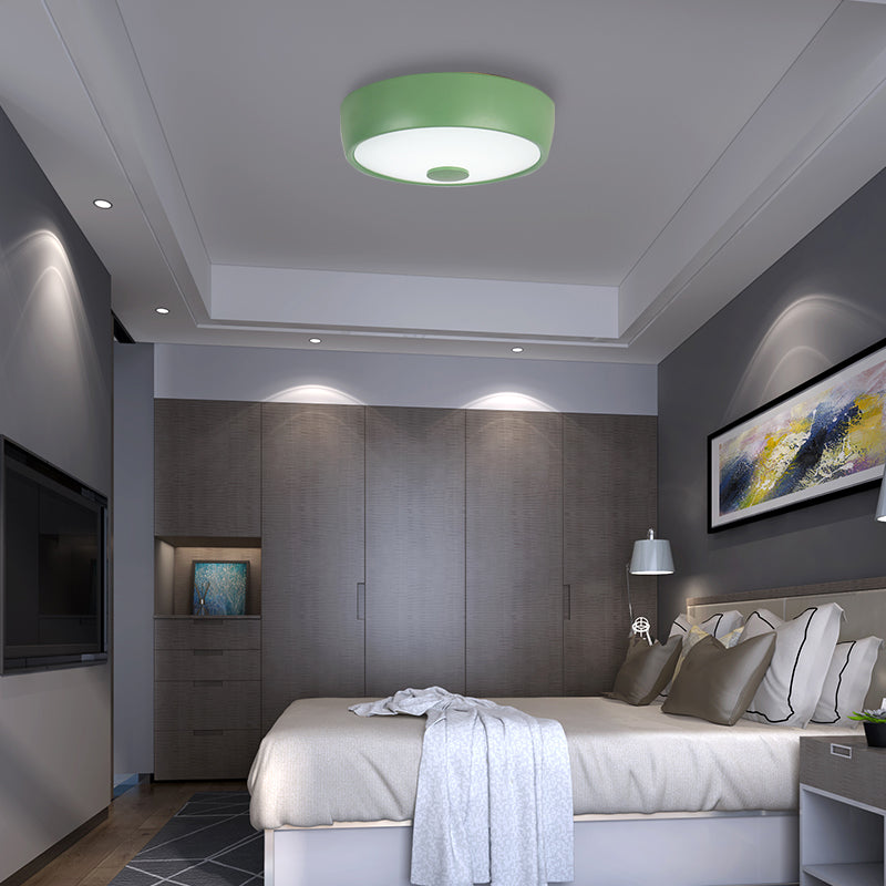 Macaron Drum Ceiling Flush Light in Metal with LED, Ideal for Kids Room, Available in Various Colors with Frosted Glass Diffuser