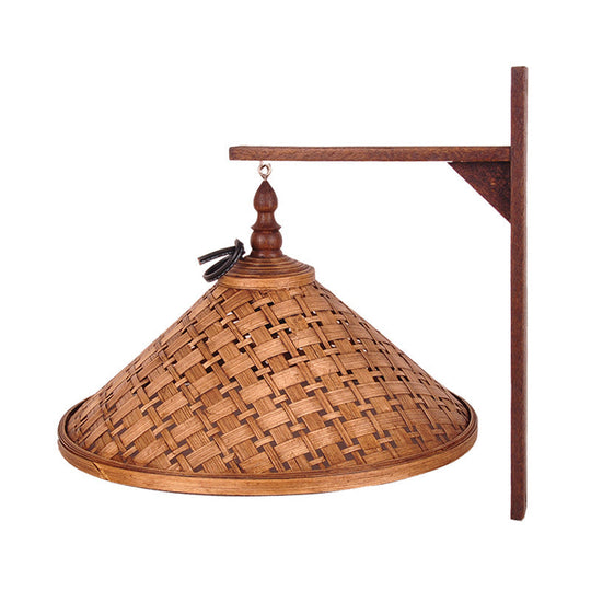 Conical Bamboo Sconce Light: Chinese 1 Bulb Wall Mount for Stairway, Brown