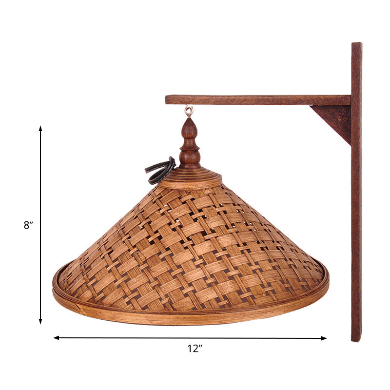 Conical Bamboo Sconce Light: Chinese 1 Bulb Wall Mount for Stairway, Brown