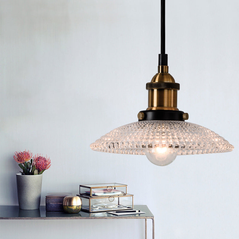 1-Light Grid Glass Ceiling Light with Brass Bowl Shade – Perfect for Industrial Kitchen Décor