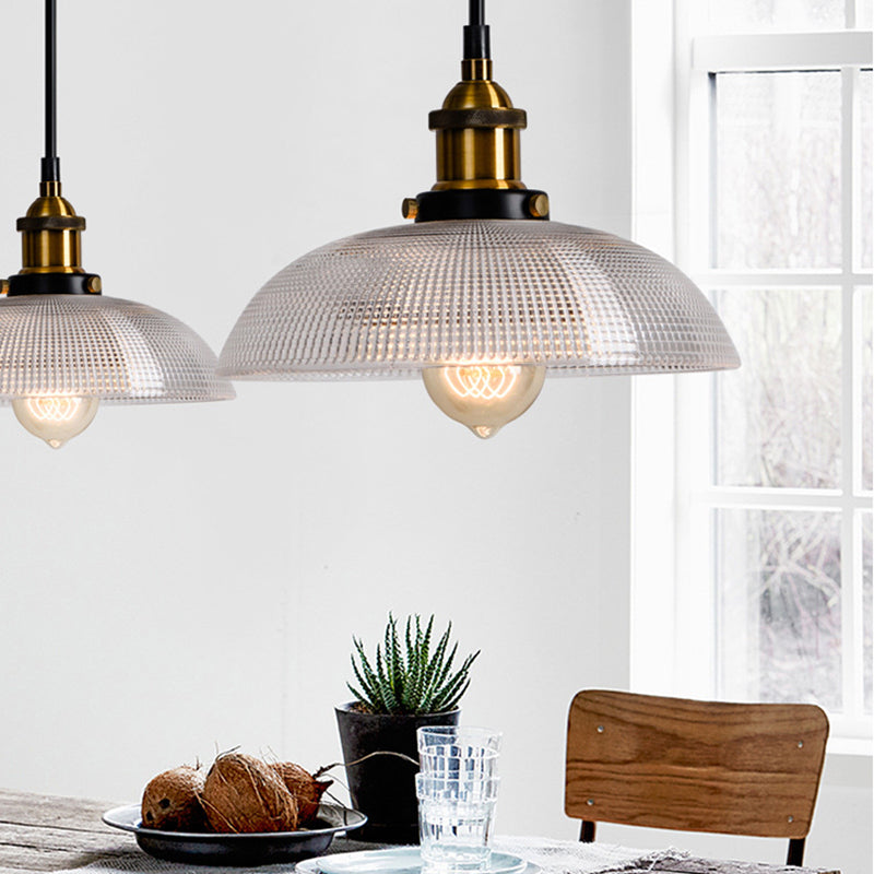 1-Light Grid Glass Ceiling Light with Brass Bowl Shade – Perfect for Industrial Kitchen Décor