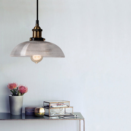 1-Light Grid Glass Ceiling Light with Brass Bowl Shade – Perfect for Industrial Kitchen Décor