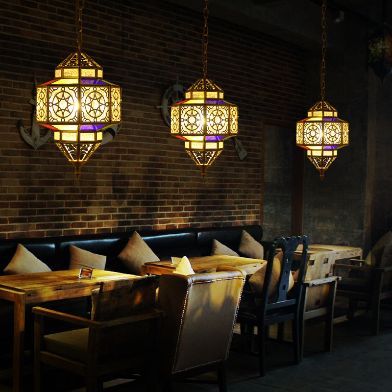 Antique Brass Octagon Hanging Lamp - Metal Pendant Ceiling Light with Adjustable Chain