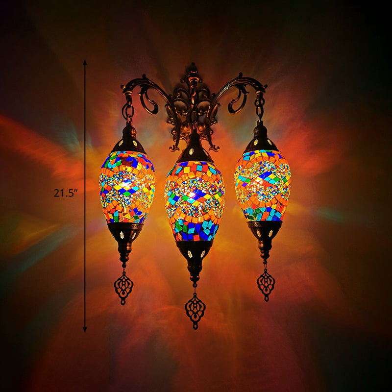 Vintage Stained Glass Wall Mount Light Fixture - Yellow/Orange/Blue Oval - 3 Lights
