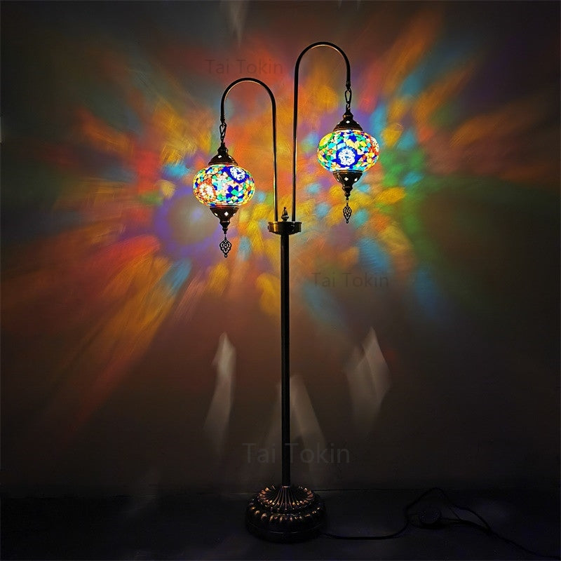 Hand-Crafted Glass Oval Floor Reading Lamp with 2 Lights in Traditional White/Blue/Yellow Design