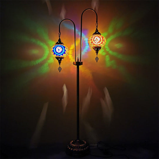 Hand-Crafted Glass Oval Floor Reading Lamp with 2 Lights in Traditional White/Blue/Yellow Design