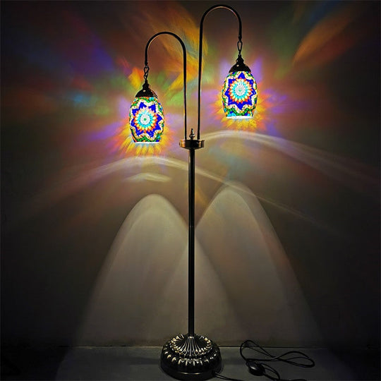 Hand-Crafted Glass Oval Floor Reading Lamp with 2 Lights in Traditional White/Blue/Yellow Design