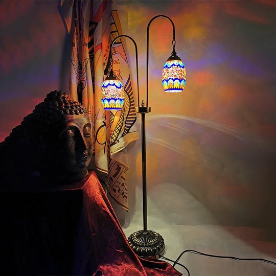 Hand-Crafted Glass Oval Floor Reading Lamp with 2 Lights in Traditional White/Blue/Yellow Design