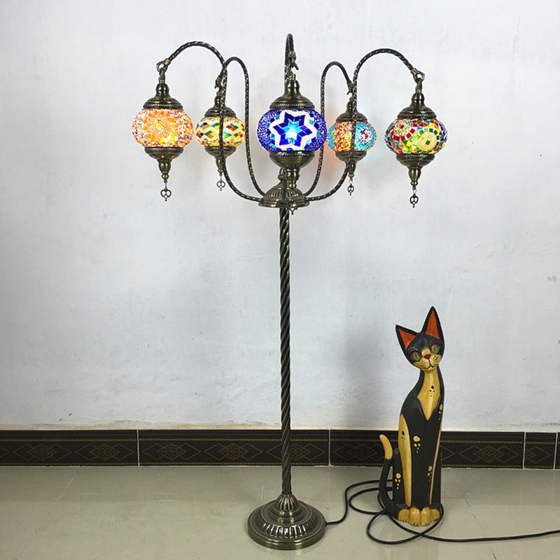 Vintage Stained Glass Curved Arm Floor Lamp - Yellow/Blue, 5-Head Standing Light for Reading