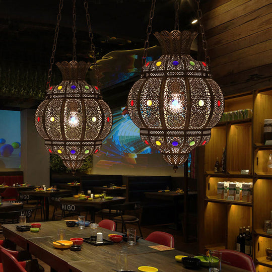 Arabian Metal 1-Head Black Hanging Pendant Light for Restaurants - Oval Ceiling Suspension