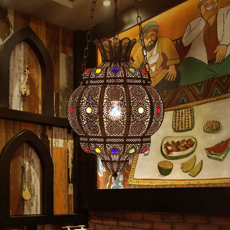 Arabian Metal 1-Head Black Hanging Pendant Light for Restaurants - Oval Ceiling Suspension