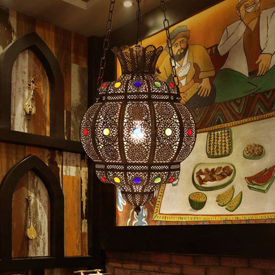 Arabian Metal 1-Head Black Hanging Pendant Light for Restaurants - Oval Ceiling Suspension