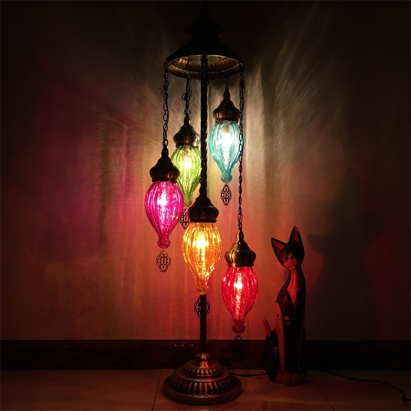 Traditional Brass 5-Light Standing Floor Lamp with Ribbed Glass Teardrop Shades for Living Room Reading