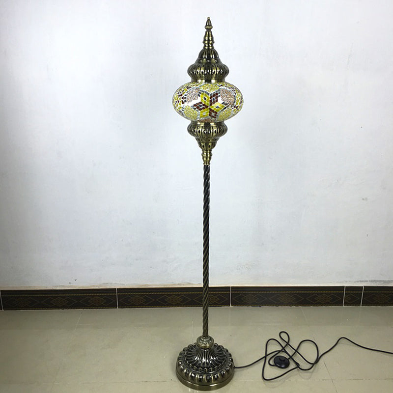 Traditional Stained Glass Oval Standing Lamp - 1 Head Living Room Floor Light in Red/Yellow/Blue