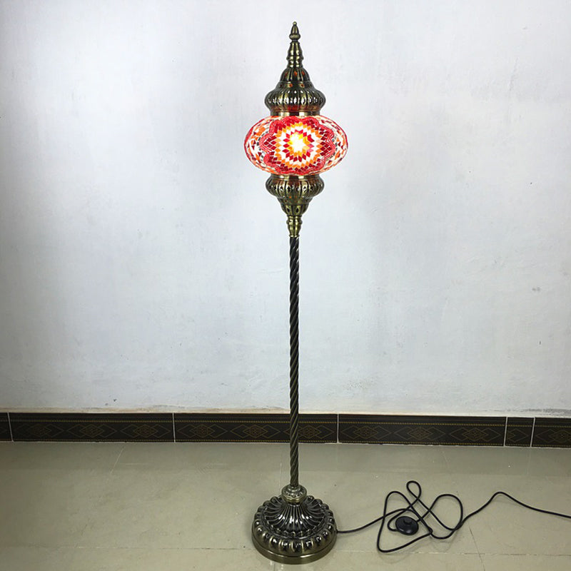 Traditional Stained Glass Oval Standing Lamp - 1 Head Living Room Floor Light in Red/Yellow/Blue