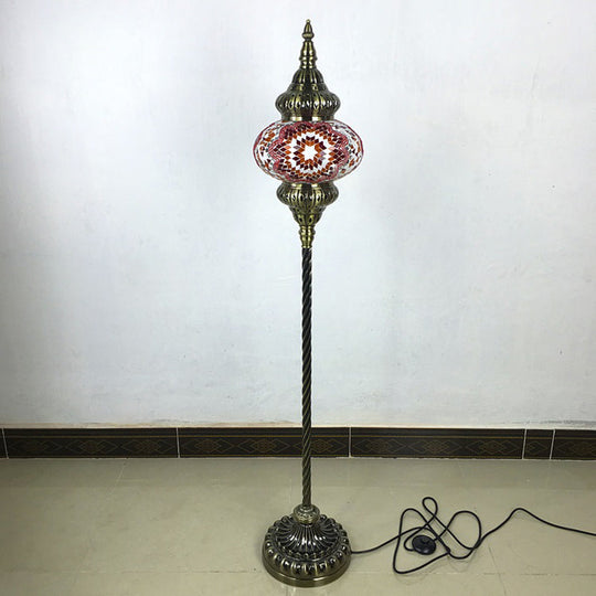 Traditional Stained Glass Oval Standing Lamp - 1 Head Living Room Floor Light in Red/Yellow/Blue