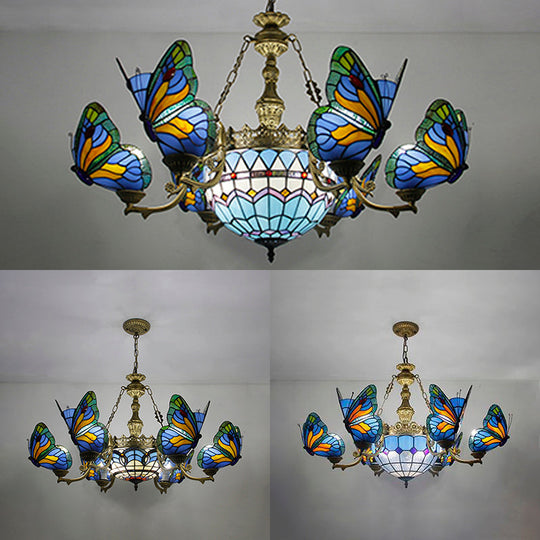 Blue Stained Glass Chandelier Light - Adjustable Chain Pendant for Living Room Décor