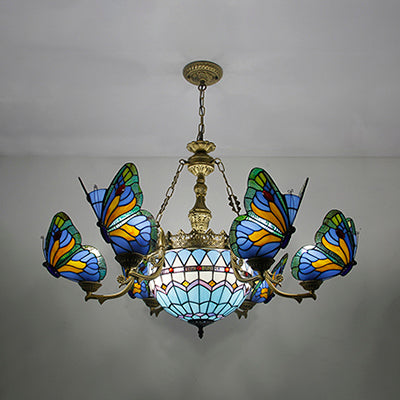 Blue Stained Glass Chandelier Light - Adjustable Chain Pendant for Living Room Décor