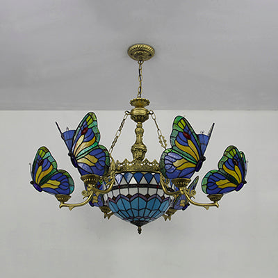 Blue Stained Glass Chandelier Light - Adjustable Chain Pendant for Living Room Décor