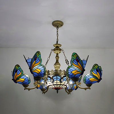 Blue Stained Glass Chandelier Light - Adjustable Chain Pendant for Living Room Décor