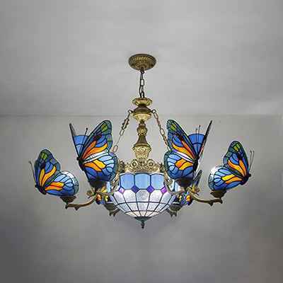 Blue Stained Glass Chandelier Light - Adjustable Chain Pendant for Living Room Décor