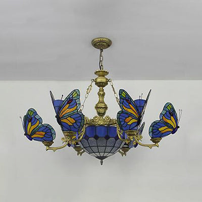Blue Stained Glass Chandelier Light - Adjustable Chain Pendant for Living Room Décor